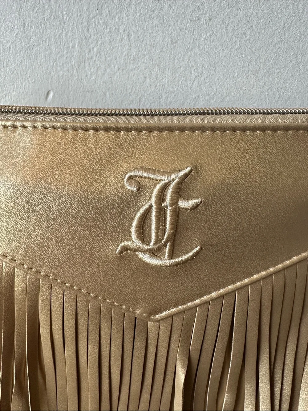 Juicy Couture Metallic Gold Fringe Cosmetic Bag with Embroidered Logo NWT